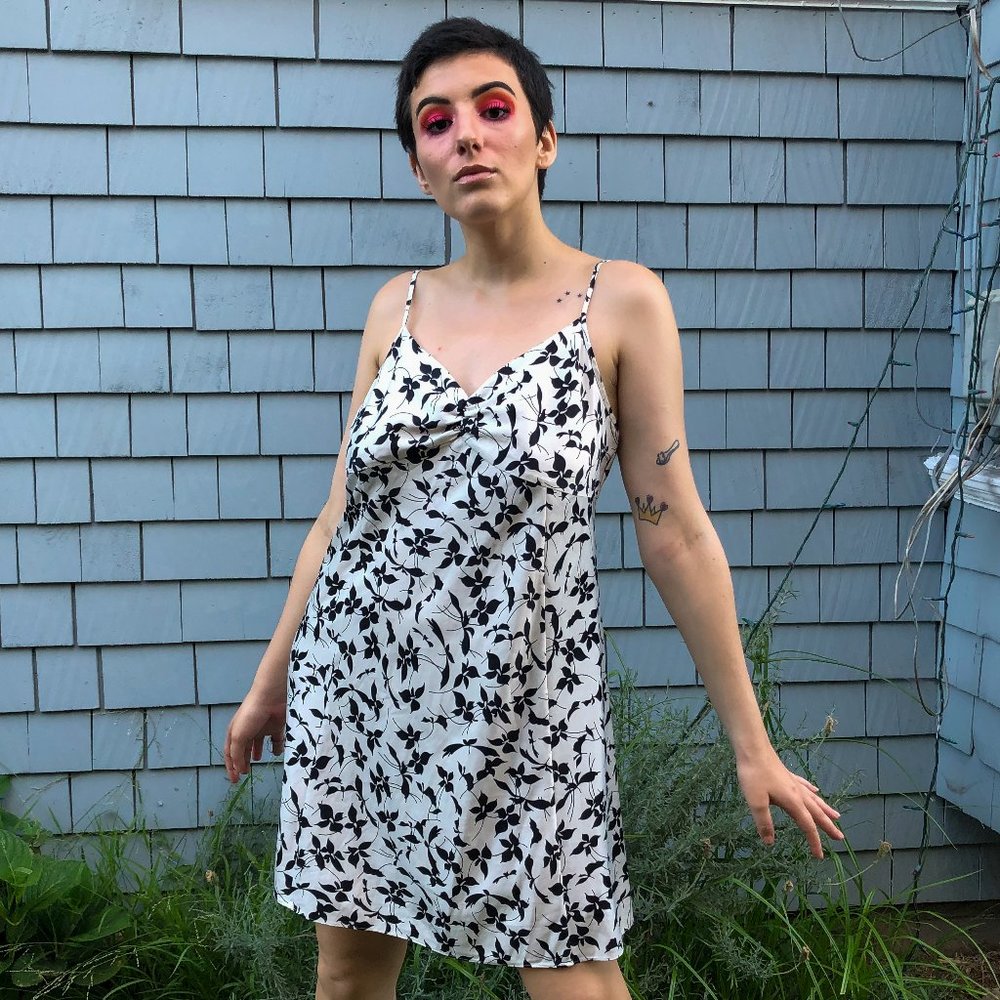 Vintage Satin Black and White Floral Dress